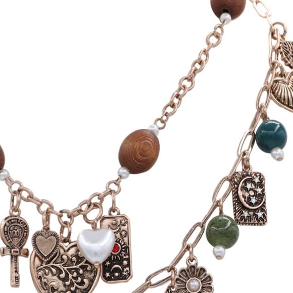 Love Luck + Faith Guardian Angel Heart Evil Eye Wood Beaded Charm Layer Necklace - Picture 9 of 9